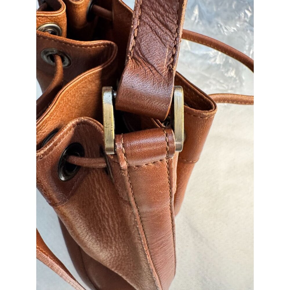 BURBERRYS Brown Leather Drawstring Bucket Bag COA Nova Check Haystack Lining VTG - Picture 9 of 14
